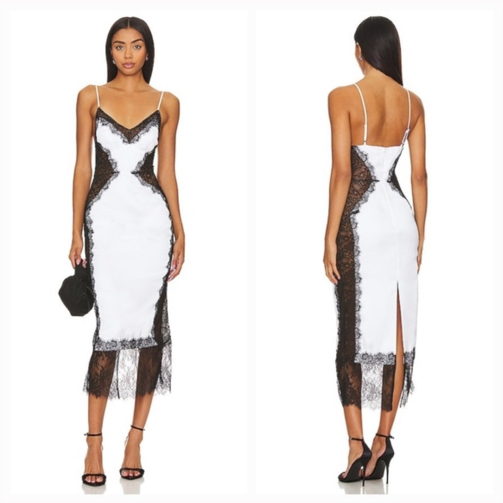 NBD Lilia Dress White Midi Cocktail Dress Black Lace